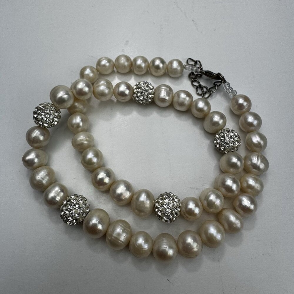 Freshwater Pearl Necklace With Sparkling Pave Crystal Beads Elegant Adjustable - Picture 7 of 9